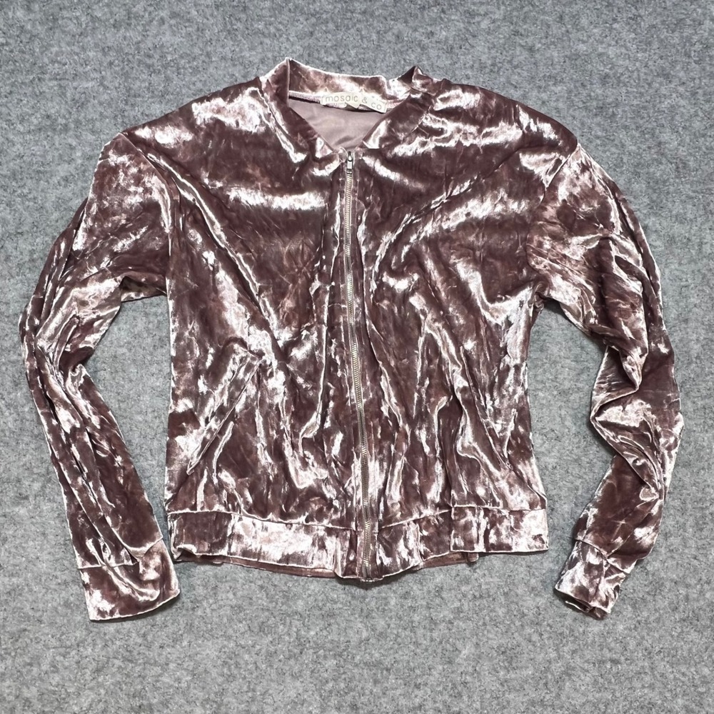 Mosaic &‎ Co Womens Mauve Crushed Velvet Zip Up Bomber Jacket Small